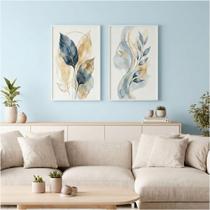 Kit 2 Quadros Folhagem Azul Dourado Aquarela 80x60 Moldura Kit 2 Quadros Folhagem Azul Dourado Aquarela 80x60 Moldura