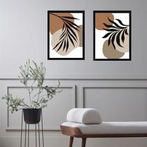 Kit 2 Quadros Folhas Abstratas - Marrom Preto Cinza 24X18Cm