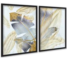 Kit 2 Quadros Folhas Bananeiras Cinza E Dourado 33X24Cm