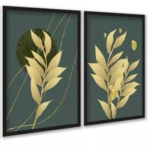 Kit 2 Quadros Folhas Verde Musgo Com Dourado 24X18Cm Kit 2 Quadros Folhas Verde Musgo Com Dourado 24X18Cm