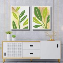Kit 2 Quadros Folhas Verdes Fundo Branco Bege 24X18Cm