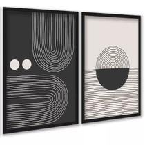 Kit 2 Quadros Formas Abstratos Linhas Preto e Bege 24x18cm - com vidro