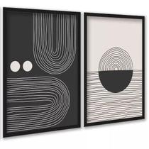 Kit 2 Quadros Formas Abstratos Linhas Preto E Bege 45X34Cm