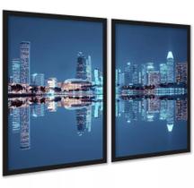 Kit 2 Quadros Foto Cidade - Luzes Reflexo 33X24Cm