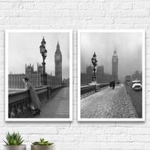 Kit 2 Quadros Fotografias Antigas Londres 24X18 Vidro Preta