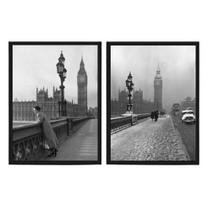 Kit 2 Quadros Fotografias Antigas Londres 24X18 Vidro Preta