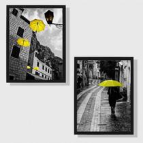 Kit 2 Quadros Fotografias Sombrinhas Amarelas 24x18cm
