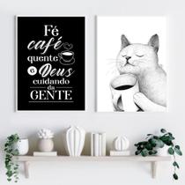 Kit 2 Quadros Gatinho Café Amor E Fé 33X24Cm - Com Vidro