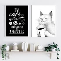 Kit 2 Quadros Gatinho Café Amor e Fé 33x24cm