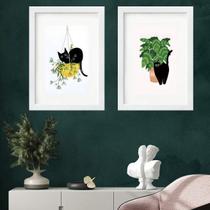 Kit 2 Quadros Gato Com Plantas - 60X48Cm