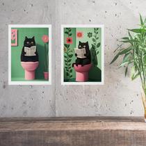 Kit 2 Quadros Gato No Banheiro - Verde e Rosa 33x24cm - com vidro