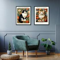 Kit 2 Quadros Gatos Flores - William Morris 24X18Cm - Vidro