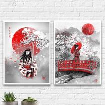 Kit 2 Quadros Geisha Art 33X24Cm - Com Vidro Branca