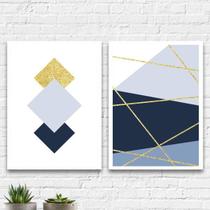 Kit 2 Quadros Geométricos Tons De Azul 33x24cm