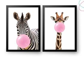 Kit 2 Quadros Girafa e Zebra Mascando Chiclete