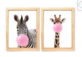 Kit 2 Quadros Girafa e Zebra Mascando Chiclete