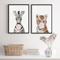 Kit 2 Quadros Girafa Tigre 45x34cm - Vidro e Moldura Preta