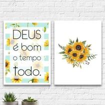 Kit 2 Quadros Girassóis Deus É Bom 24X18Cm Com Vidro Branca