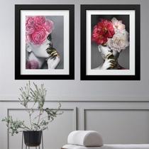 Kit 2 Quadros Grandes Mulher Flores - 60X48Cm