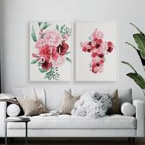 Kit 2 Quadros Gratidão E Cruz Flores 24X18Cm Madeira Branca