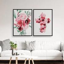 Kit 2 Quadros Gratidão E Cruz Flores 45X34 C/Vidro - Branca