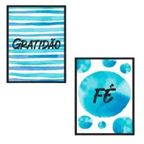 Kit 2 Quadros Gratidão E Fé Azul 24X18Cm - Com Vidro