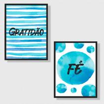 Kit 2 Quadros Gratidão e Fé Azul 33x24cm - com vidro
