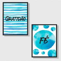 Kit 2 Quadros Gratidão E Fé Azul 45X34Cm Com Vidro Preta