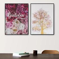 Kit 2 Quadros Gratidão Flores E Árvore 33x24cm - com vidro Kit 2 Quadros Gratidão Flores E Árvore 33x24cm - com vidro