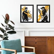 Kit 2 Quadros Gravuras Tenistas - Preto E Amarelo 33X24Cm