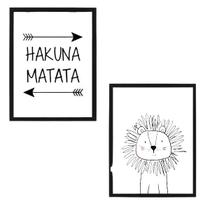 Kit 2 Quadros Hakuna Matata Leãozinho 24X18 Com Vidro Branca