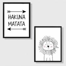 Kit 2 Quadros Hakuna Matata Leãozinho 33X24Cm Moldura Preta