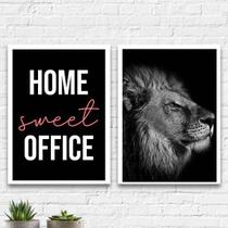 Kit 2 Quadros Home Sweet Office Leão 33x24cm - com vidro