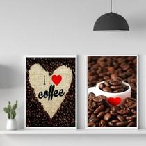 Kit 2 Quadros I Love Coffee 24x18cm - Vidro e Moldura Preta - Quadros On-Line