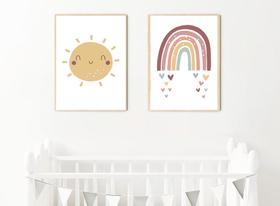 Kit 2 Quadros Infantil Bebê Arco Íris e Sol 24x33 c Vidro Kit 2 Quadros Infantil Bebê Arco Íris e Sol 24x33 c Vidro