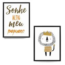 Kit 2 Quadros Infantil Leãozinho Sonhe Alto 33X24Cm Preta