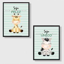 Kit 2 Quadros Infantil Tema Safari Seja Feliz 24x18cm - com vidro