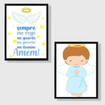 Kit 2 Quadros Infantis Anjo Da Guarda Azul 24x18cm - com vidro