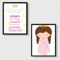 Kit 2 Quadros Infantis Anjo Da Guarda Rosa 33x24cm - com vidro Kit 2 Quadros Infantis Anjo Da Guarda Rosa 33x24cm - com vidro