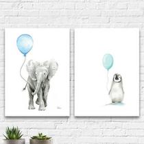 Kit 2 Quadros Infantis Bichinhos Balões 33X24Cm - Preta