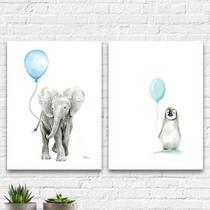 Kit 2 Quadros Infantis Bichinhos Balões 45x34cm