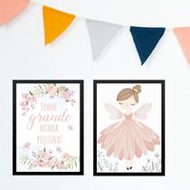 Kit 2 Quadros Infantis Menina Borboleta - Sonhe Grande 33x24cm - com vidro