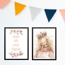 Kit 2 Quadros Infantis Menina Princesa - Sonhe Alto 45x34cm - com vidro Kit 2 Quadros Infantis Menina Princesa - Sonhe Alto 45x34cm - com vidro