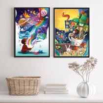 Kit 2 Quadros Infantis Mundo Imaginação 33X24Cm Moldura Pr