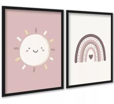 Kit 2 Quadros Infantis Sol e Arco-Íris Rosê 45x34cm - com vidro
