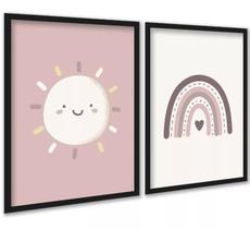Kit 2 Quadros Infantis Sol E Arco-Íris Rosê 45X34Cm - Vidro