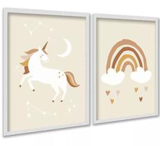 Kit 2 Quadros Infantis Unicórnio Arco-íris Bege 33x24cm - com vidro