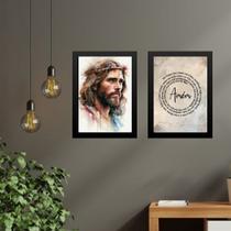 Kit 2 Quadros Jesus Aquarela - Pai Nosso 24x18cm - com vidro