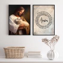 Kit 2 Quadros Jesus Com Ovelha - Pai Nosso 24x18cm