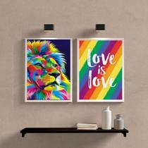 Kit 2 Quadros Leão Colorido Love is Love 33x24cm - Com Vidro